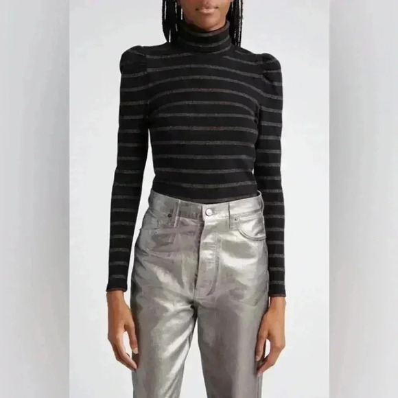 Veronica Beard Black and Gray Striped Turtleneck Sweater - Picture 2 of 8